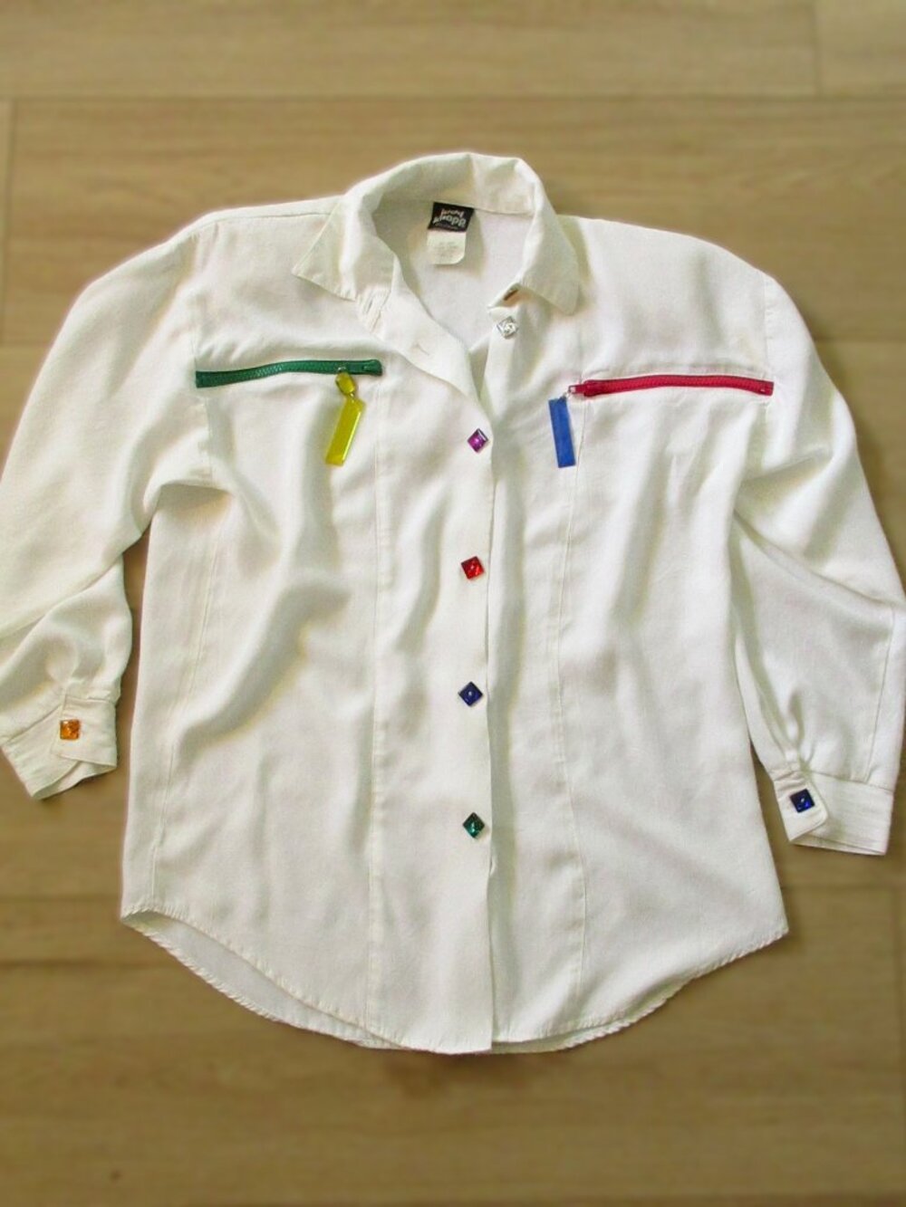 Vintage Judy Knapp California Artwear Blouse Colorful Zippers Shoulder Pads